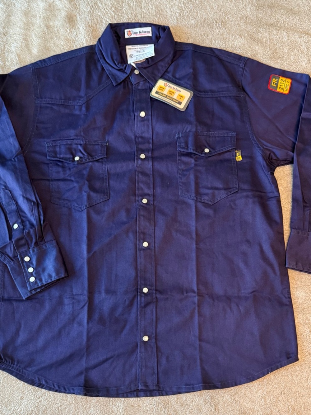 Just In Trend Shirt Mens Large Royal Blue Flame Resistant Long Sleeve Snap Front